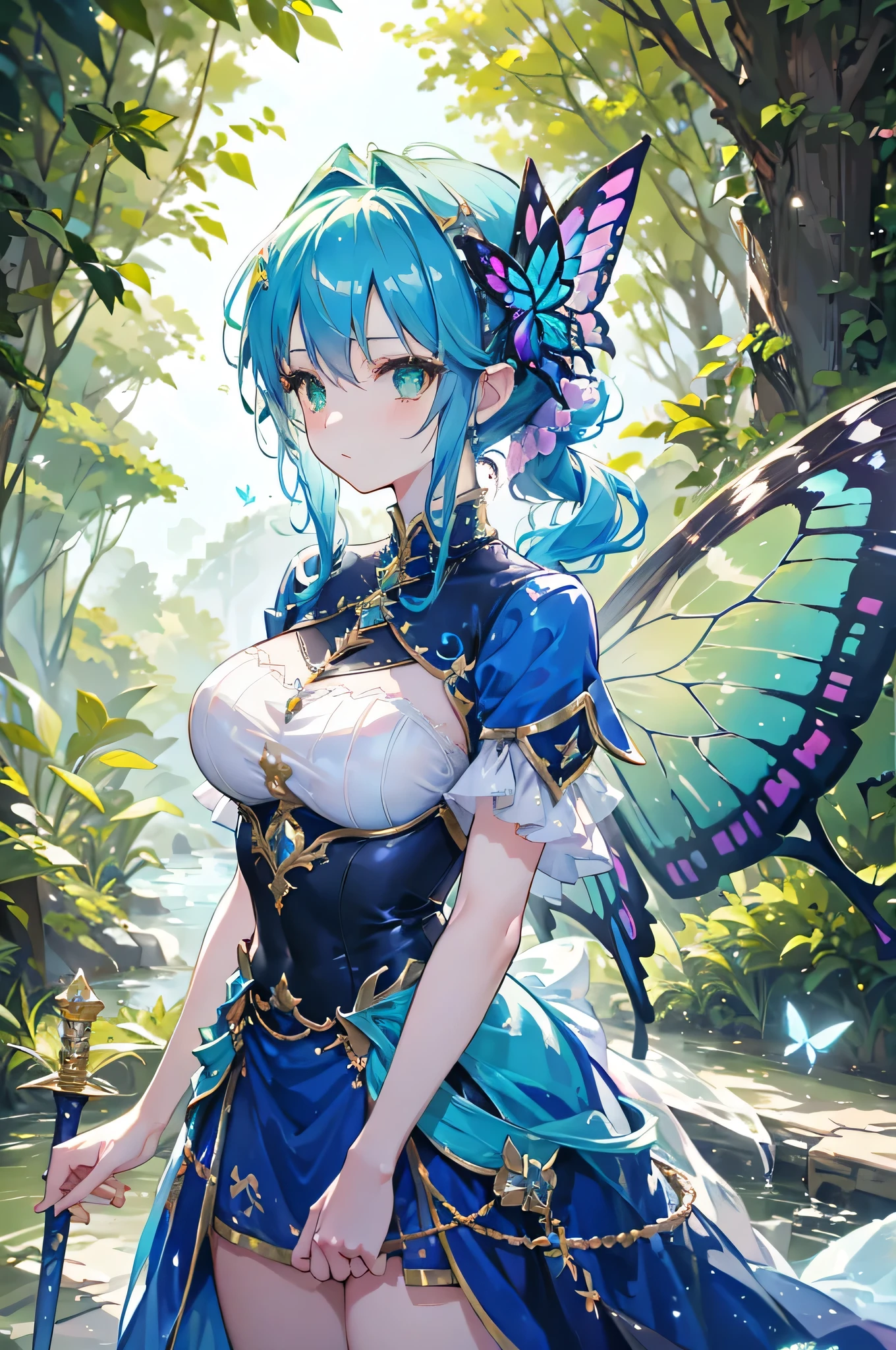 4K,High resolution,One Woman,Fairy,Blue Hair,Long Ponytail,Green Eyes,Big Breasts,butterfly_wings,knight,White knight dress,hair band,Jewelry decoration,Long sword,in the forest