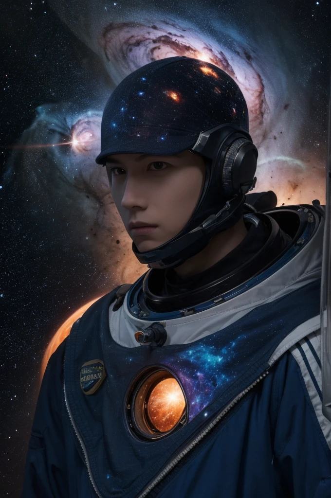 (best quality, masterpiece),Detailed,1boy,astronaut,complex portrait of a sci-fi Borg floating in outer space,nebula,galaxy,Looking forward,(cybernetic limb:0.7),