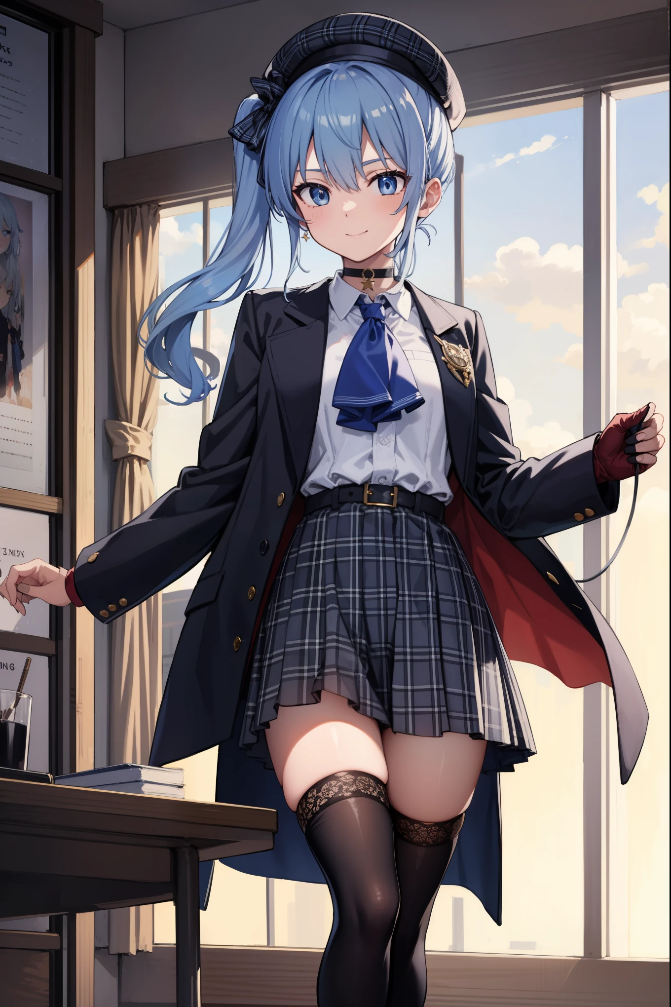 hoshimachisuisei, suisei hoshimachi, blue eyes, blue hair, choker, hair between eyes, medium hair, side ponytail, star choker,
BREAK ascot, asymmetrical legwear, belt, beret, black gloves, blue ascot, blue belt, blue bow, blue choker, bow, buttons, choker, collared shirt, crown, gloves, grey headwear, grey jacket, grey skirt, hat, jacket, jewelry, kneehighs, long sleeves, miniskirt, mismatched legwear, partially fingerless gloves, pendant, plaid, plaid jacket, plaid skirt, shirt, single kneehigh, single sock, skirt, skirt set, socks, star choker, star print, thigh strap, uneven legwear, white shirt,
BREAK looking at viewer,
BREAK indoors, classroom,
BREAK (masterpiece:1.2), best quality, high resolution, unity 8k wallpaper, (illustration:0.8), (beautiful detailed eyes:1.6), extremely detailed face, perfect lighting, extremely detailed CG, (perfect hands, perfect anatomy),light_smile,(angry:0.5),,