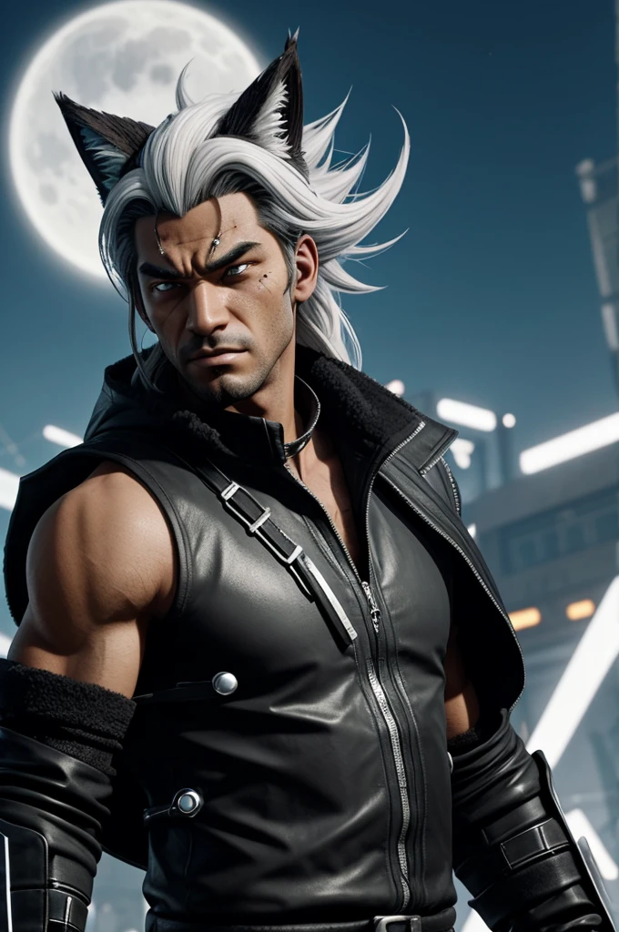 Screenshot of zenless zone zero image in background, man with wolf ears and lead hair with white streaks , and gray eyes and vitiligo on half of his face, the man who is angry and has an intimidating attitude