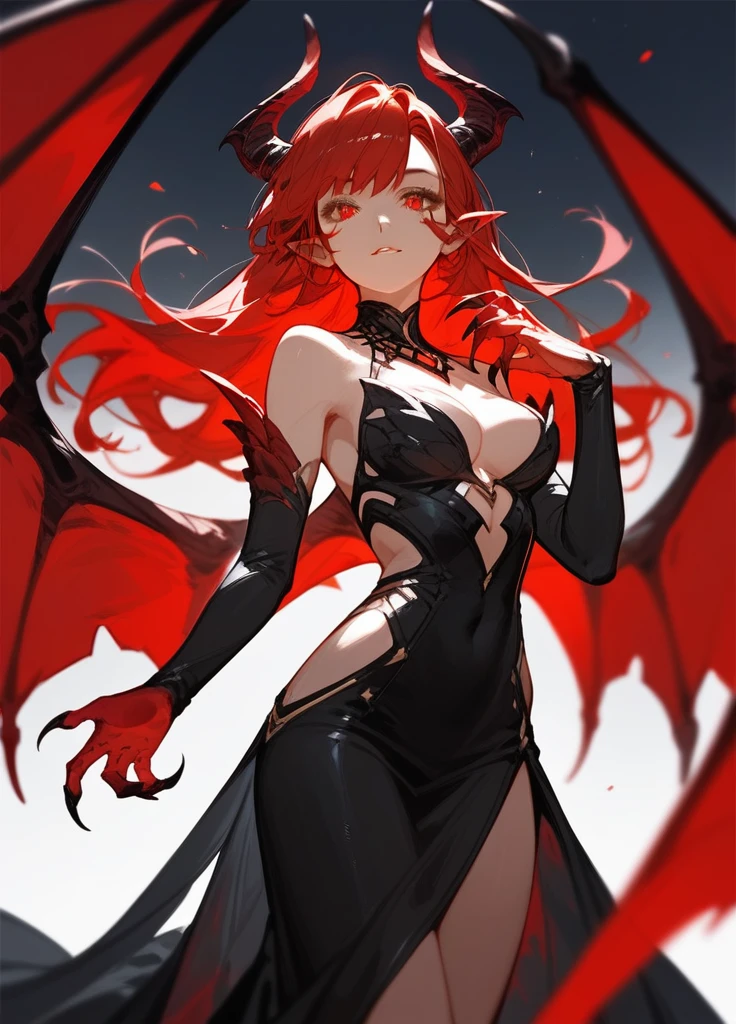 (score_9,score_8_up,score_7_up),1girl,girl demon,red hair,red eyes,wings,claws,black dress,beautiful_face,