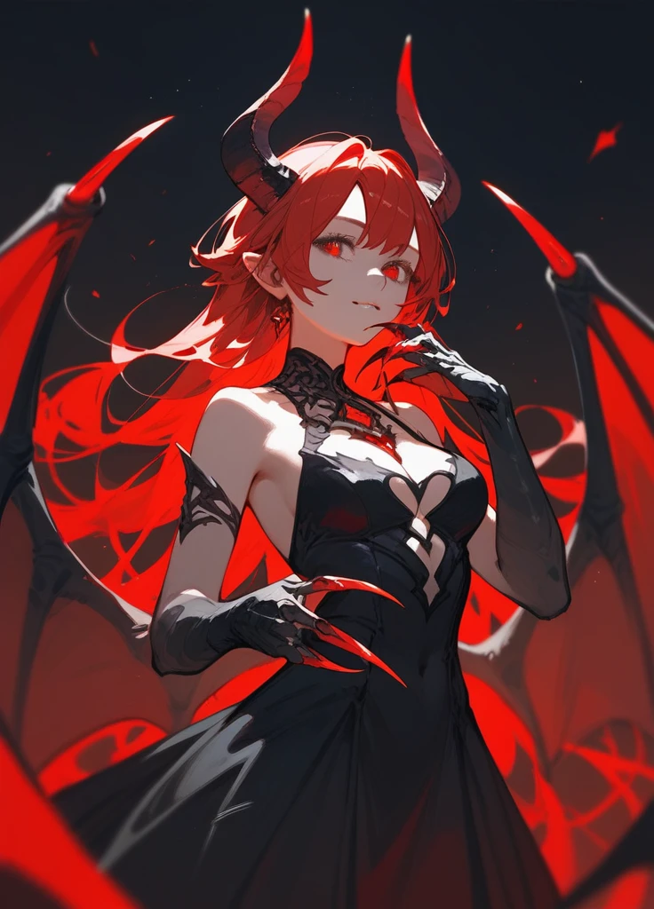 (score_9,score_8_up,score_7_up),1girl,girl demon,red hair,red eyes,wings,claws,black dress,beautiful_face,