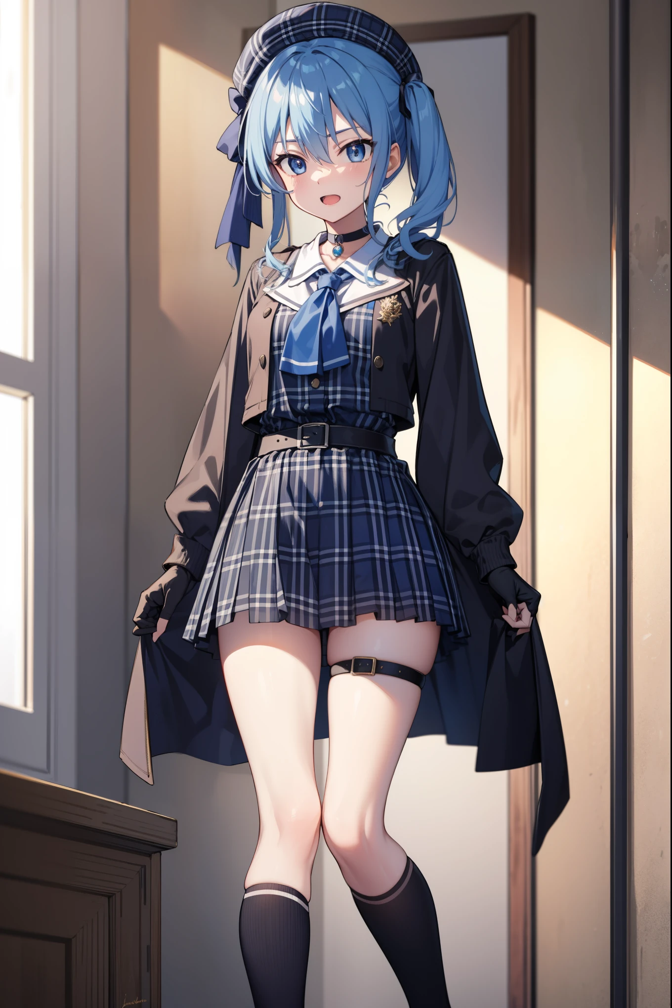 masterpiece,Highest quality,detailed,1 female solo、16 year old beauty、Dark blue hair,short hair,blue eyes,Ideal body proportions,Slender body,Medium chest,Glowing Skin,Perfect Anatomy、Kneel,Navy blue blazer jacket,white tight skirt、mini skirt、thigh_gap, white_thighhighs,whiteの背景のみ