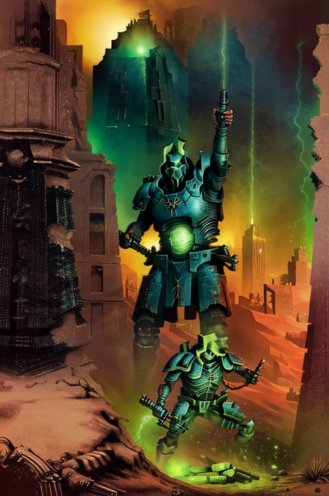 [ultramarine, power armor, holding weapon, armor, helmet, holding gun, male focus, shoulder armor, full body, pauldrons, fighting pose, firing gun, red eyes, multiple boys, primaris, mouth mask, fighting], desert, ruins, hallway, ruined_city, lost_technology, Necron_Architecture, electricity, green_glow, green_theme, comic_style, by Garth Ennis, thick_lines, hand_colored, dynamic_pose, ultra-detailed), (masterpiece), (best_quality), (cinematic_lighting), (vibrant_colors)