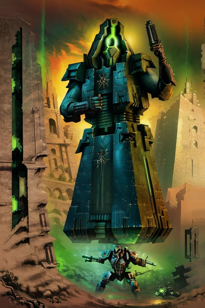 [ultramarine, power armor, holding weapon, armor, helmet, holding gun, male focus, shoulder armor, full body, pauldrons, fighting pose, firing gun, red eyes, multiple boys, primaris, mouth mask, fighting], desert, ruins, hallway, ruined_city, lost_technology, Necron_Architecture, electricity, green_glow, green_theme, comic_style, by Garth Ennis, thick_lines, hand_colored, dynamic_pose, ultra-detailed), (masterpiece), (best_quality), (cinematic_lighting), (vibrant_colors)