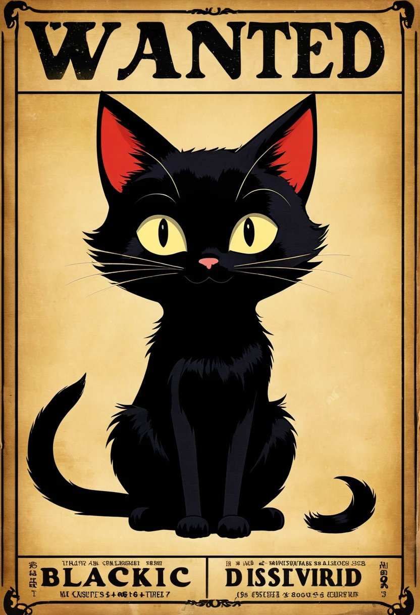 A wanted poster showing Jiji, the black cat from Kiki's Delivery Service. Jiji is illustrated sitting in a mischievous pose. The poster includes a large "WANTED" heading, details about Jiji's appearance and supposed misdeeds, and a reward for information leading to his capture. The poster is aged, with a rustic, old-timey look and slightly torn edges.