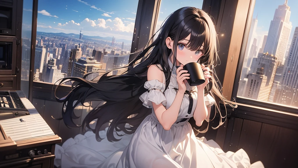 Ultra-high resolution, 8k, (Masterpiece, mysterious:1.2), Works by Makoto Xin Haicheng, Lo-fi feel, Perfect human body engineering, 1 female, mysteriousな瞳, Her charm point is her beautiful eyes, Idol, White ruffled dress, Shiny long black hair, Larger than average bust, Listening to music through headphones, Looking out the window, A room with musical instruments, city view from the window, Impressive cityscape, Bright Sky, meteor, Wide angle, Before dusk, Break time during composition, Coffee in a mug,