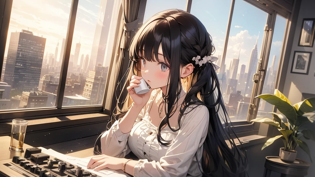 Ultra-high resolution, 8k, (Masterpiece, mysterious:1.2), Works by Makoto Xin Haicheng, Lo-fi feel, Perfect human body engineering, 1 female, mysteriousな瞳, Her charm point is her beautiful eyes, Idol, White ruffled dress, Shiny long black hair, Larger than average bust, Listening to music through headphones, Looking out the window, A room with musical instruments, city view from the window, Impressive cityscape, Bright Sky, meteor, Wide angle, Before dusk, Break time during composition, Coffee in a mug,