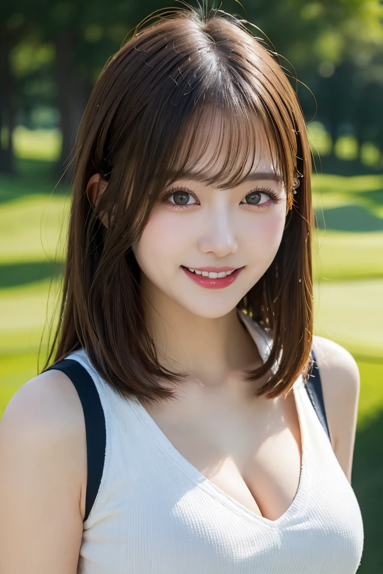 Golf course, Highest quality, shape, Very detailed, In detail, High resolution, 8k wallpaper, Perfect dynamic composition, Beautiful details, Natural Lip, Golf Wear, Big Breasts, Cleavage, She is smiling in a cute pose.., A masterpiece of the whole body, Side Short