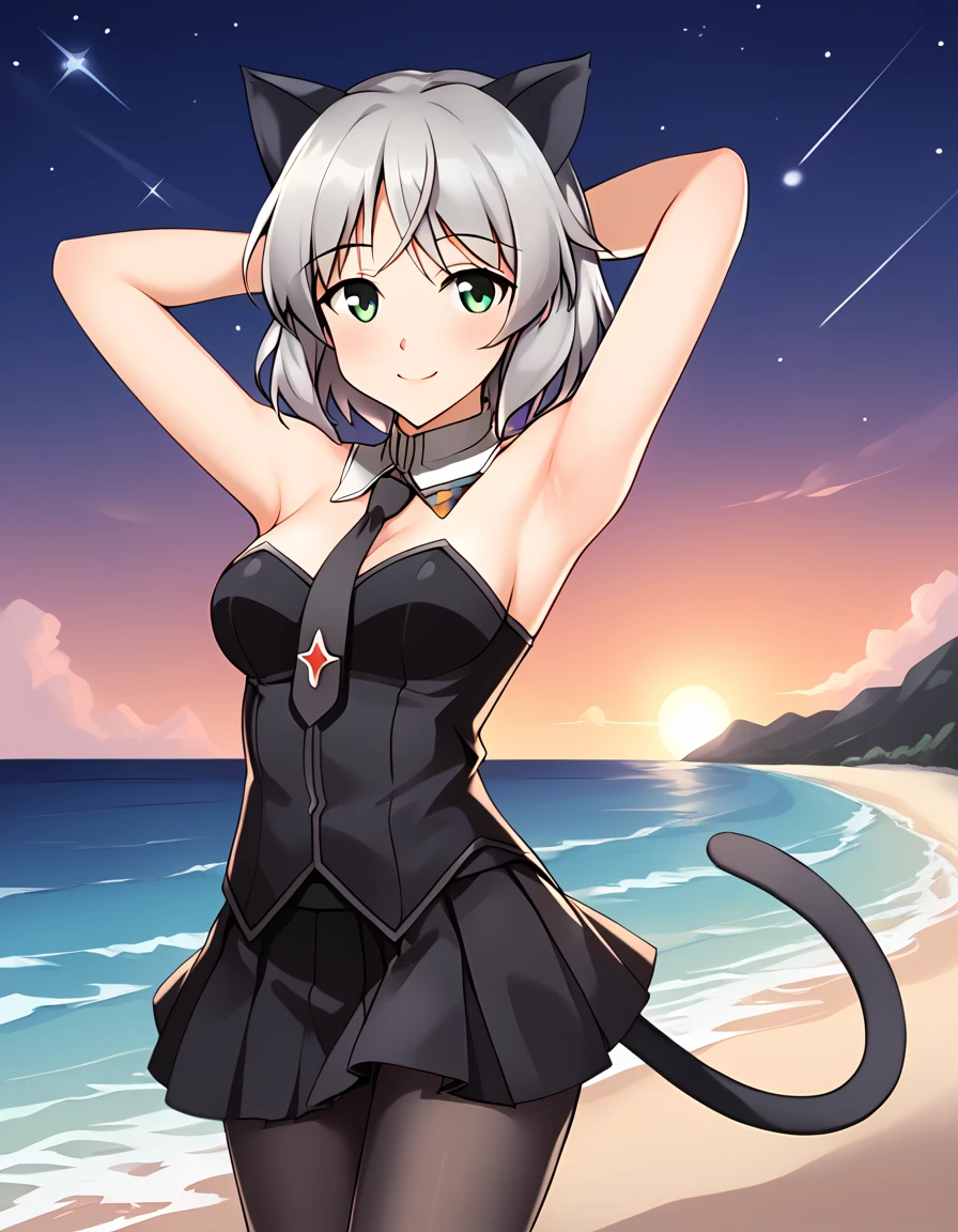 ctiansanya, uniform, necktie, strapless vest, sleeveless, anime coloring, black skirt, black pantyhose, cat ears, cat tail, high quality, night sky, beach, 1girl, solo, arms behind head, contrapposto, spread armpits, looking at viewer, best quality, closed mouth, smile, shy, (cowboy shot:1.5),