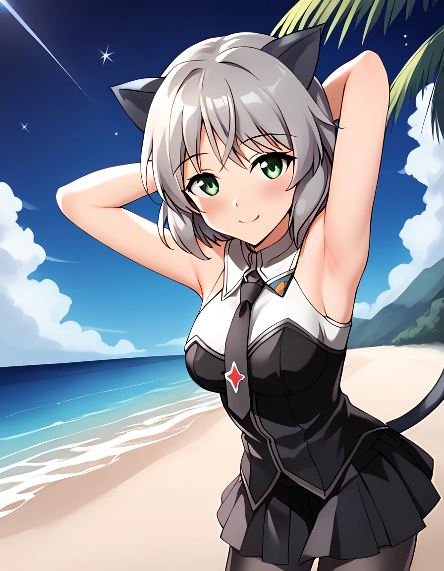 ctiansanya, uniform, necktie, strapless vest, sleeveless, anime coloring, black skirt, black pantyhose, cat ears, cat tail, high quality, night sky, beach, 1girl, solo, arms behind head, contrapposto, spread armpits, looking at viewer, best quality, closed mouth, smile, shy, (cowboy shot:1.5),