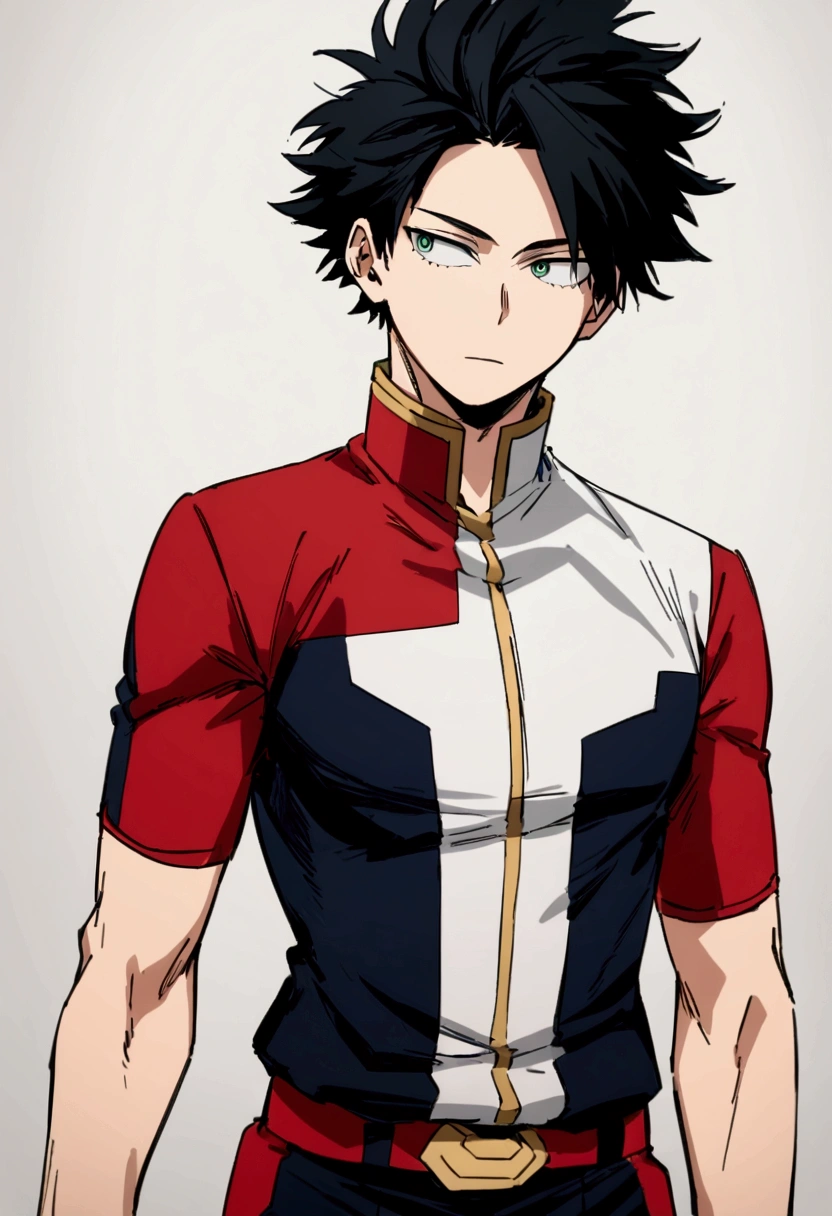 He is a , He has slightly disheveled black hair..., somewhat light green eyes, looking straight ahead, (identity card photo) , fit body , He is dressed in the anime uniform. "my hero academia"