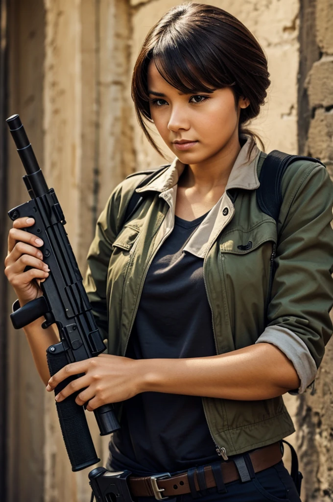 Brunette girl with curly hair in black clothes looking at guns with a machine gun with a butterfly taking care of her in a world of war