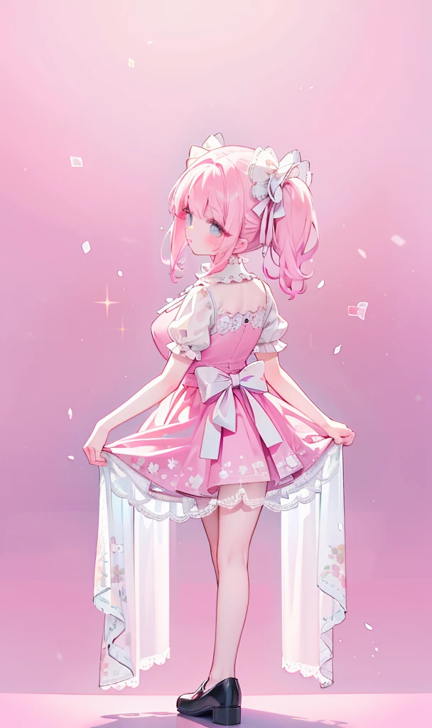 (masterpiece:1.2), best quality, highres, original, (extremely detailed:1.2), ultra-detailed, wallpaper, perfect lighting,(extremely detailed CG:1.2), 8k, 1girl, solo, kawaii, (twintails, pink hair:1.1), (Lolita Fashion, pink dress, short-sleeves, bowknot on waistline, lace hemline, knee-length dress, delicate dress:1.2), (anatomically correct:1.3), standing, close-up, from behind, view of back, (dreamlike background, pink background, girly background:1.2)