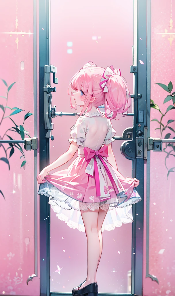 (masterpiece:1.2), best quality, highres, original, (extremely detailed:1.2), ultra-detailed, wallpaper, perfect lighting,(extremely detailed CG:1.2), 8k, 1girl, solo, kawaii, (twintails, pink hair:1.1), (Lolita Fashion, pink dress, short-sleeves, bowknot on waistline, lace hemline, knee-length dress, delicate dress:1.2), (anatomically correct:1.3), standing, close-up, from behind, view of back, (dreamlike background, pink background, girly background:1.2)