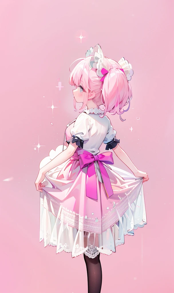 (masterpiece:1.2), best quality, highres, original, (extremely detailed:1.2), ultra-detailed, wallpaper, perfect lighting,(extremely detailed CG:1.2), 8k, 1girl, solo, kawaii, (twintails, pink hair:1.1), (Lolita Fashion, pink dress, short-sleeves, bowknot on waistline, lace hemline, knee-length dress, delicate dress:1.2), (anatomically correct:1.3), standing, close-up, from behind, view of back, (dreamlike background, pink background, girly background:1.2)