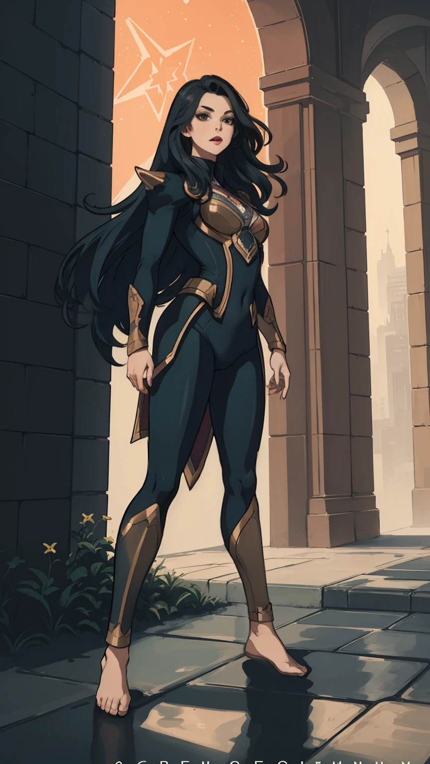 ((full body photo, standing, feet on the ground)) (Adriana Lima :1.1) Red lips, green eyes, ((full body photo, standing, feet on the ground)) Wonder Woman stands imposingly in a city from Themyscira. The scenery is lush. The camera details everything, a warrior woman, cover with stars .
