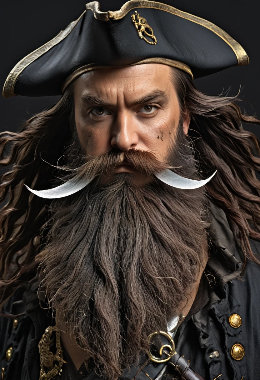 a box pirate seen from the front Dwarf steampunk, anão de fancy medieval, stark, plumpness, with Black hair and a long beard, grease dirty clothes, a mad look, fully body, standing alone, fancy, Medieval Dwarf RPG, Closeup portrait of a pirate with hat and beard, Dwarf beard, 4 k image, 超A high resolution, inside ship, Há um Kraken from behind disso, High details, best qualityer, 16K, [ultra detaild], partistry mestre, best qualityer, (extremely detaild), fully body, photorrealistic, artistry de fancy, rpg art, d&artistry, uma imagem de um anão em seu Ship (intense details, best qualityer), fancy masculina anã (intense details, partistry mestre, best qualityer),(intense details, partistry mestre, best qualityer), chestnut hair, Dynamic eye color, Ultra Detailed Face (intense details, partistry mestre, best qualityer), long beard, barba ruiva, Arms Fly Weight, wearing a pirate hat, Holding a sword in his hand, Sword has MGICAL runes, Ablaze (intense details, partistry mestre, best qualityer), dentro do Ship (intense details, partistry mestre, best qualityer), Kraken from behind (intense details, partistry mestre, best qualityer), Ship (intense details, partistry mestre, best qualityer), very high detail, ultra high-quality, high resolution, Resolução 16K, Ultra HD Pictures, ultra realistic, clear details, realist detail, ultra high definition, like white beard from One piece, red beard pirate