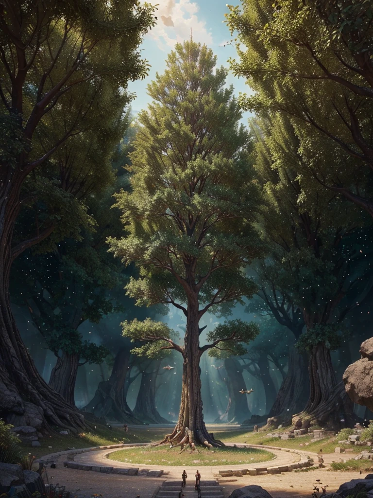 a painting of a tree of life with little birds hovering around, a detailed painting by Justin Gerard, Artstation contest winner, fantasy art, magical tree, fantasy tree, magic tree, cosmic tree, avatar movie tree of life, the world tree, golden sacred tree, world tree, the tree of life, tree of life, large magical trees, yggdrasil