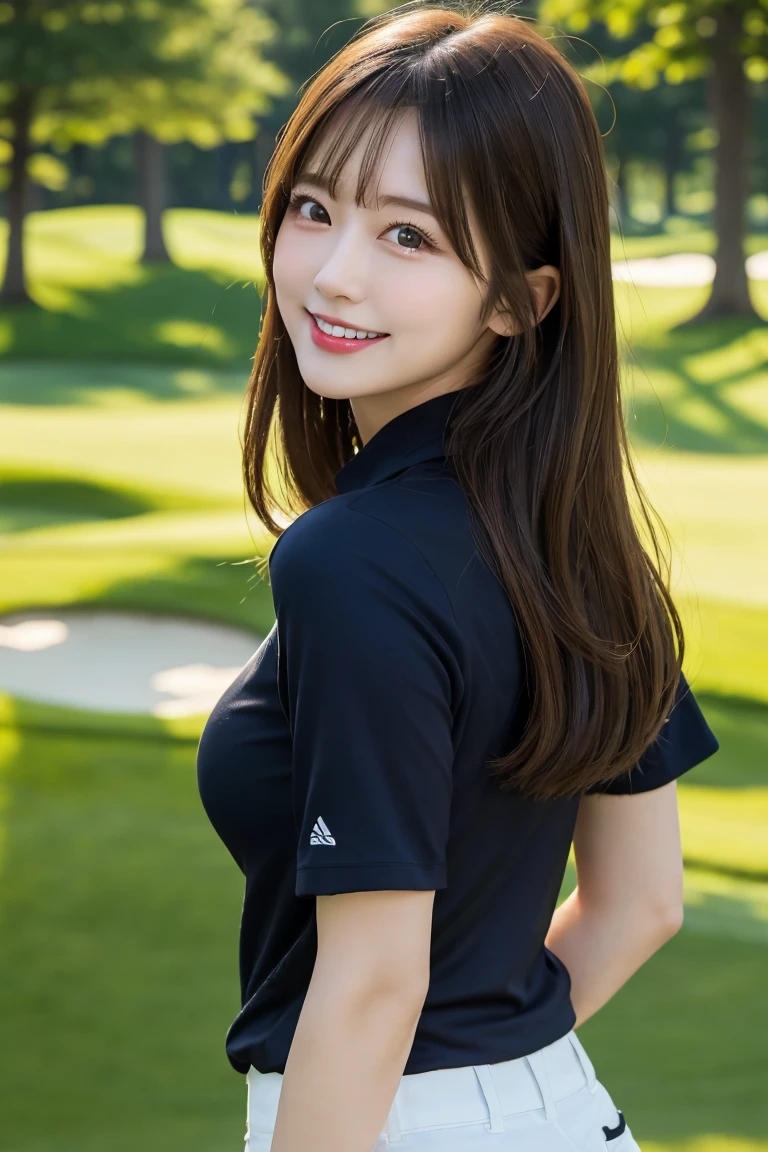 Golf course, Highest quality, shape, Very detailed, In detail, High resolution, 8k wallpaper, Perfect dynamic composition, Beautiful details,  Natural Lip, Golf Wear, Big Breasts, Cleavage, She is looking back and smiling in a cute pose.., A masterpiece of the whole body, Side Short