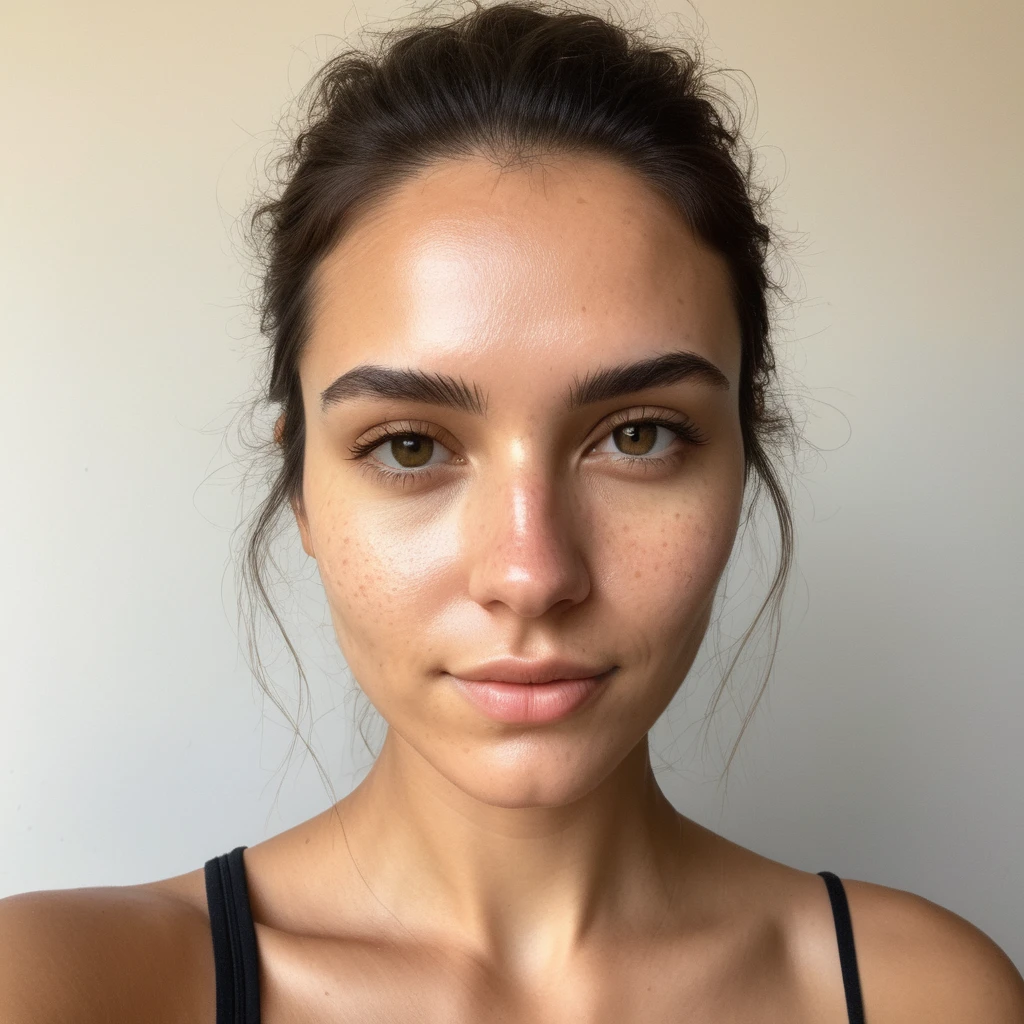(front facing camera),(Texture de la peau, pores, naturel,iPhone,BRUT)), bright and sunny lighting, Full body photo&#39;a woman with her hair styled to the side and wearing a ((tight)) elastic top with long sleeves and straps,regardant droit vers la caméra, nikon z9, Realistic matte skin,blurred landscape with green trees and grassy hills in the background,  