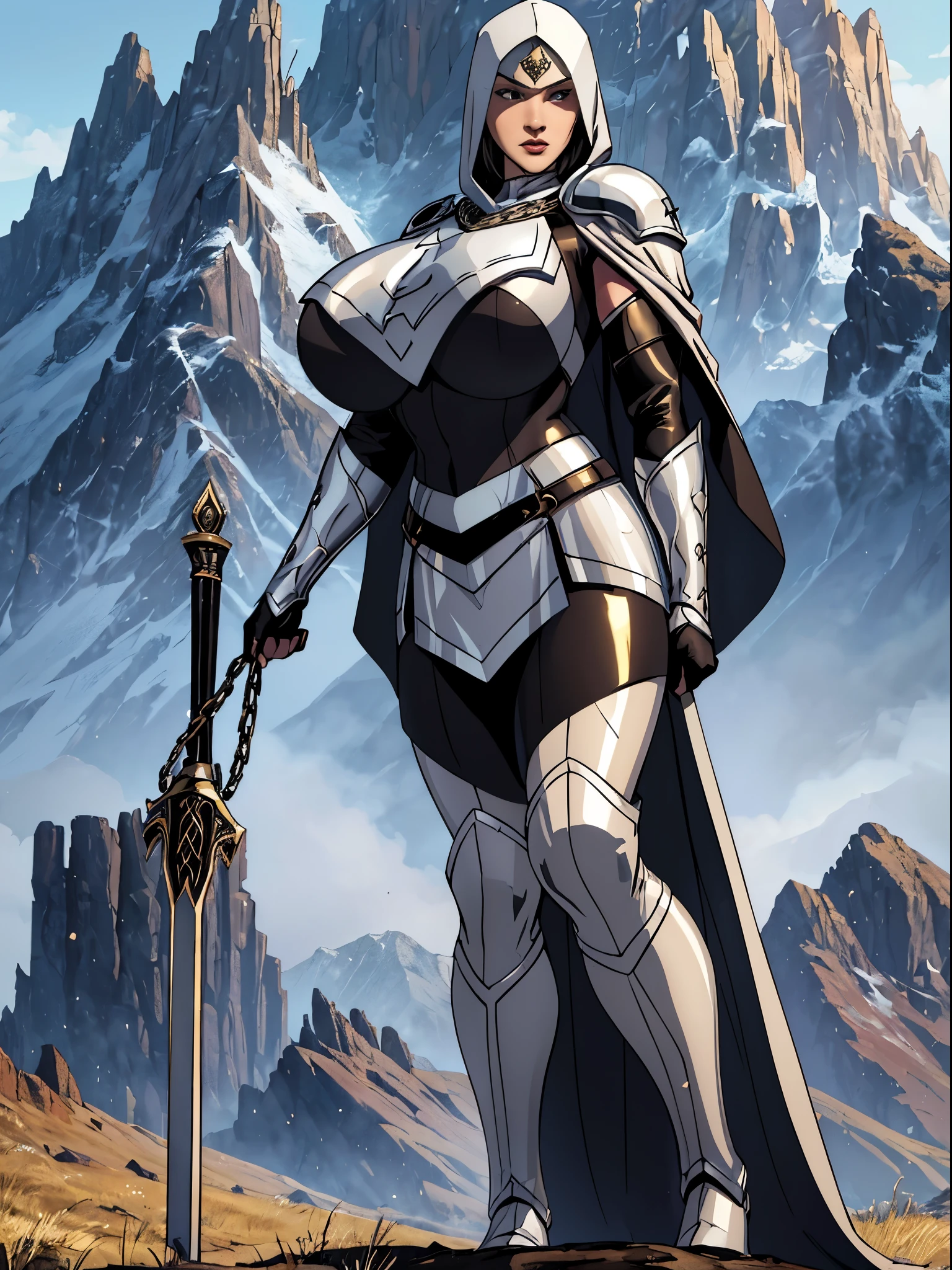 (masterpiece, top quality, best quality, official art, beautiful and aesthetic:1.2), (1girl:1.3), light freckles, fair skin, extremely detailed, portrait, looking at viewer, solo, (full body:0.6), detailed background, close up, (warm grasslands theme:1.1), holy paladin knight, charlatan, smirk, mysterious, swaying in mountains, modest attire, ornate white and gold armor, cowl, nun hood, wimple, boob armor, cowl, robe, chain mail, chainmail, leggings, chainmail leggings, chain mail leggings, breastplate, tabard, gorget, hood, pauldrons, greaves, armored, long boots, longsword, shield, cape, cloak, white fabric, pale leather, ((((gigantic breasts)))), slim waist, slim hips, long legs, medieval (mountain exterior:1.1) background, dark mysterious lighting, shadows, magical atmosphere, dutch angle,
