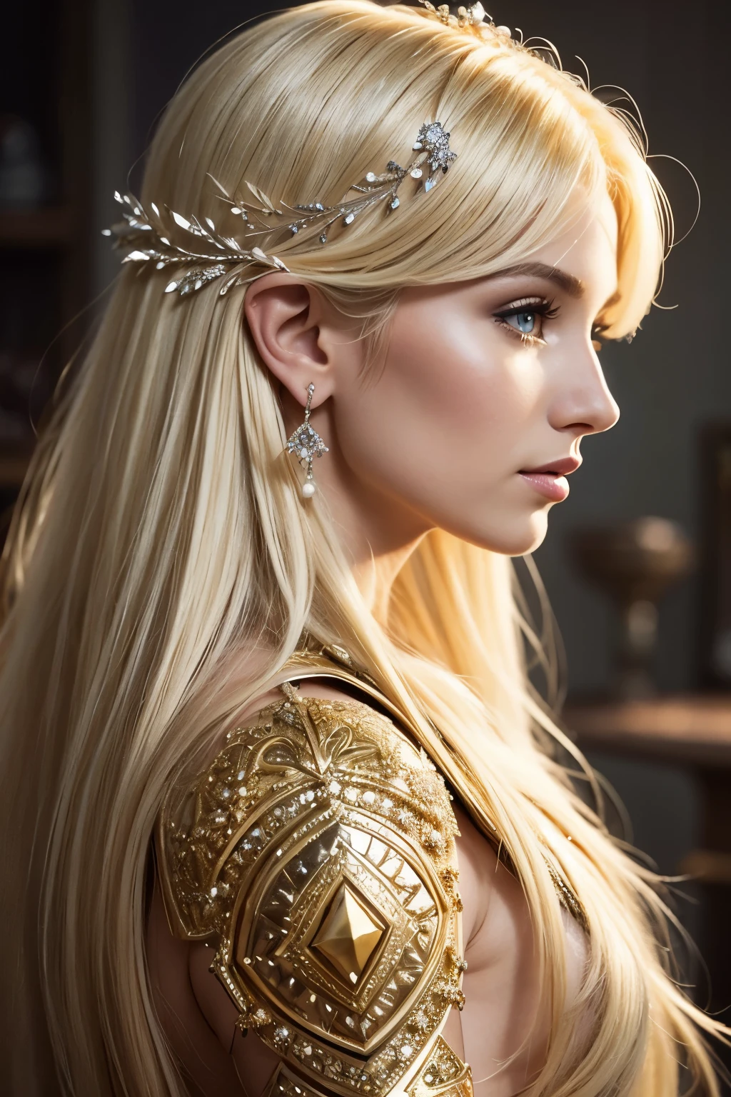 RAW, Best quality, high resolution, masterpiece: 1.3), Enchanting blonde woman with long hair and bangs, Beautiful blonde queen, Stunning blonde diva, Blonde elven princess, Iconic blonde influencer, Bejeweled blonde aristocrat, Blonde Medieval beauty, Wearing exquisite gold armor made of glass encrusted with small diamonds and crystals, Beautiful blonde warrior, Posed for photographs, Silver stripes adorning the back of the armor, Flaunting over one million followers, Background boasting serene fairness, Instagram-style profile, Detailed portrait, Closeup view, Majestic pose, Captivating