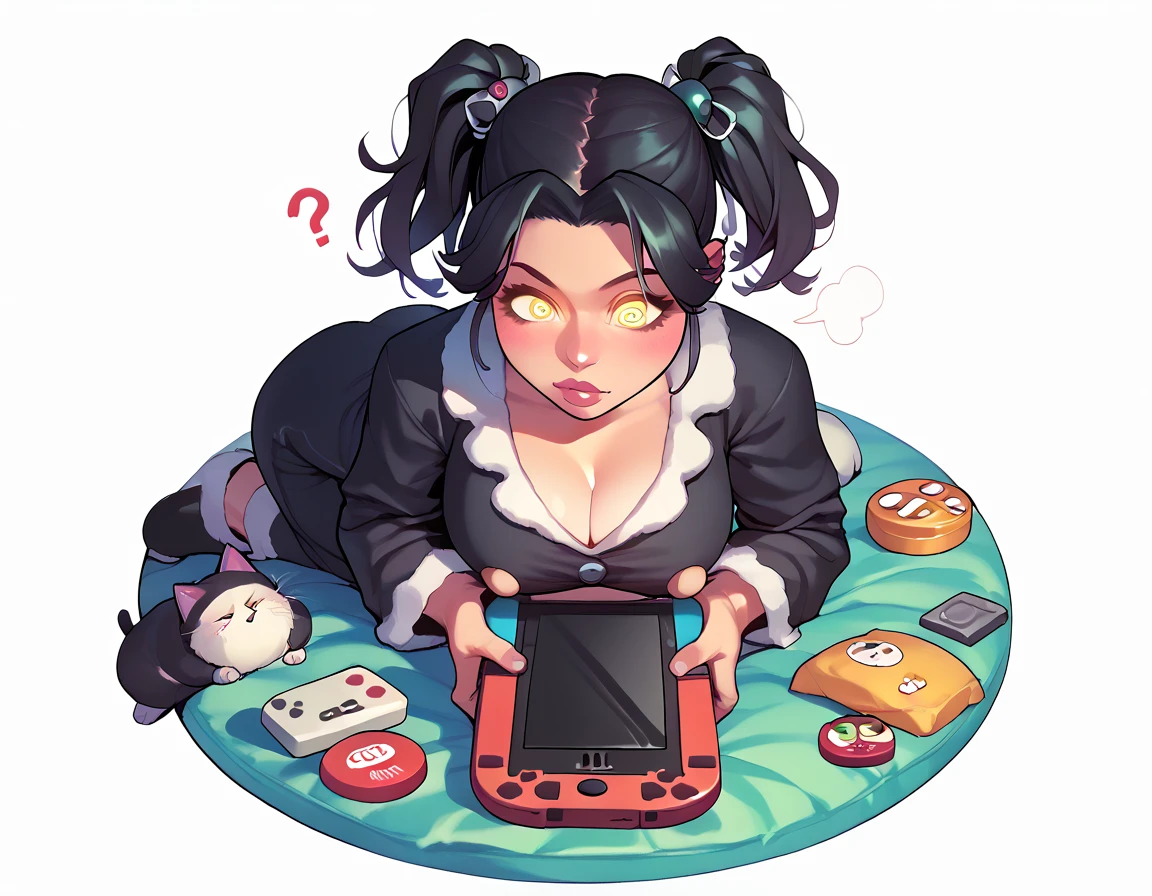 punctuation_9, punctuation_8_High above, punctuation_7_High above, punctuation_6_High above, punctuation_5_High above, punctuation_4_High above, 1girl, Nerd,Bblack hair, a cartoon image of a woman(dressed as a black cat)with a big chest, sitting on the cushion (blue in color), white scenario, with Nintendo switch in hand, fluffy chest, in pajamas(dressed as a black cat), anime cel shaded, Covered breasts and SFW, wearing pajamas(sitting on the cushion (blue in color), with a Nintendo Switch in hand), Kantai Collection Style, anime moe art style, , twintails brancos_mitts, seductive anime girl((dressed as a black cat)), brincando with a Nintendo Switch in hand, playing on it(spiral eye)White background.