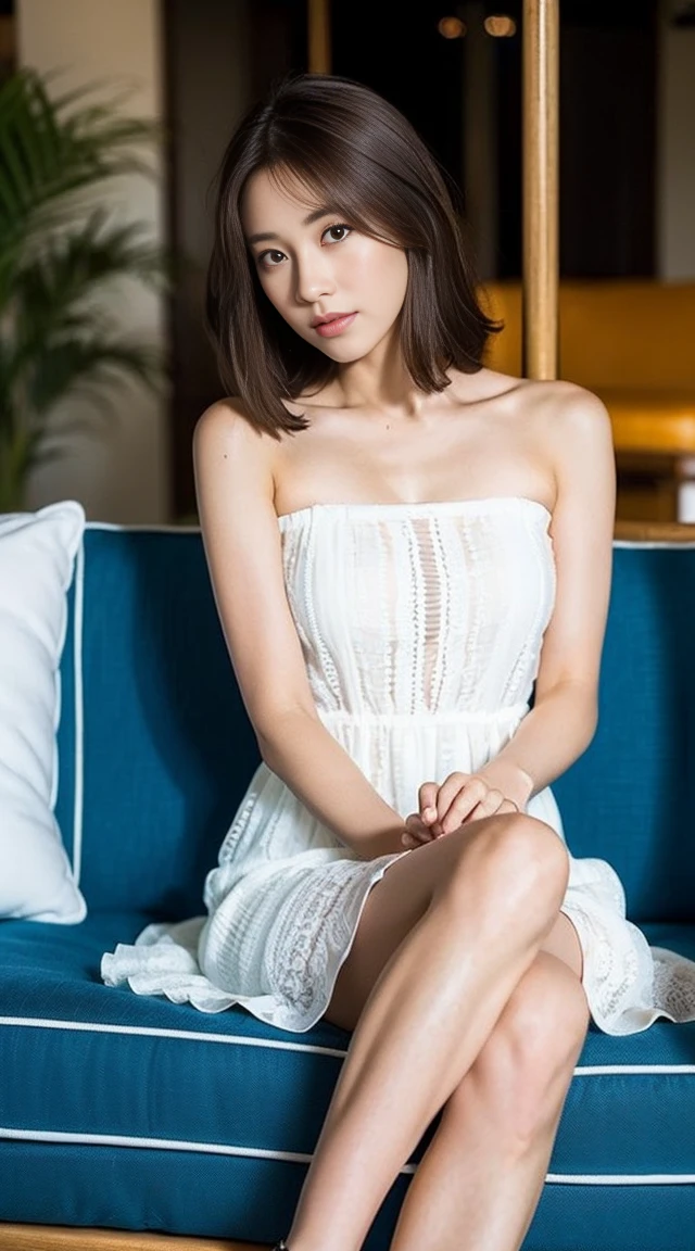 Dark brown hair、Light brown eyes、Japanese actress、 Lady、I am about 40 years old......、(Intricate details:1.2)、(Which is the top??????:1.4)、 (Ultra-high resolution:1.2)、Ultra-high resolution、(fine adjustment)、(Detailed facial features)、Hmph、8k resolution、D cup size breasts、Long Hair、1 girl, A look of deep sadness, (Very detailed美しい顔), (Relaxed resort dress:1.5), (Expose your shoulders:1.3), (Highest quality:1.4), (Very detailed)、Beautiful fair skin with transparency, A terrace restaurant like those in foreign countries、Parasol、colorful、Sunshine、colorfulなソファ、Sit back on the sofa、With a relaxed expression、Wide-angle shooting、Full body photo、Sandals、Beautiful legs、Resorts in Cuba、Sleep with your head on the sofa、
