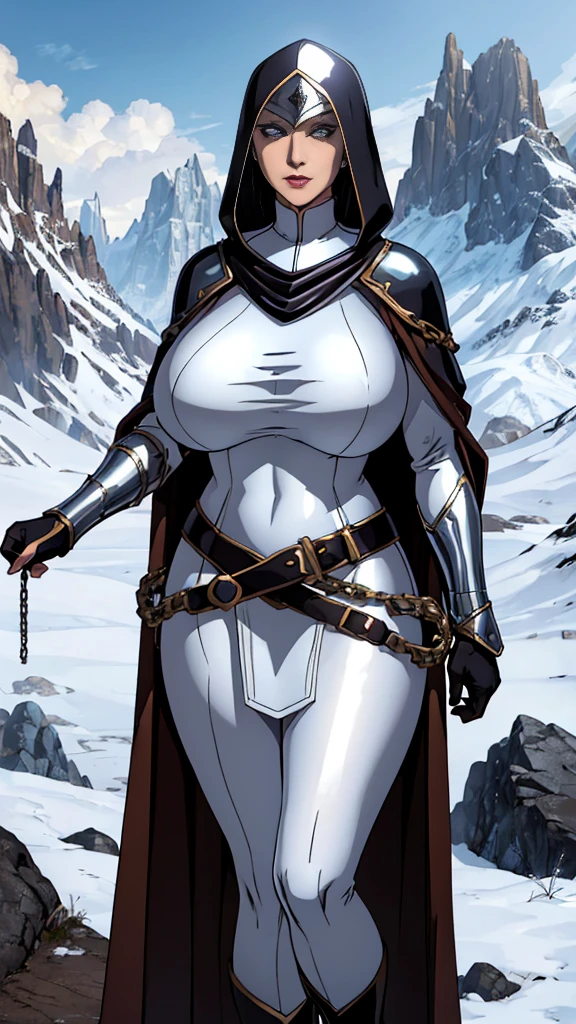(masterpiece, top quality, best quality, official art, beautiful and aesthetic:1.2), (1girl:1.3), light freckles, fair skin, extremely detailed, portrait, looking at viewer, solo, (full body:0.6), detailed background, close up, (warm grasslands theme:1.1), holy paladin knight, charlatan, smirk, mysterious, swaying in mountains, modest attire, ornate white and gold armor, cowl, nun hood, wimple, boob armor, cowl, robe, chain mail, chainmail, leggings, chainmail leggings, chain mail leggings, breastplate, tabard, gorget, hood, pauldrons, greaves, armored, long boots, longsword, shield, cape, cloak, white fabric, pale leather, ((((gigantic breasts)))), slim waist, slim hips, long legs, medieval (mountain exterior:1.1) background, dark mysterious lighting, shadows, magical atmosphere, dutch angle,