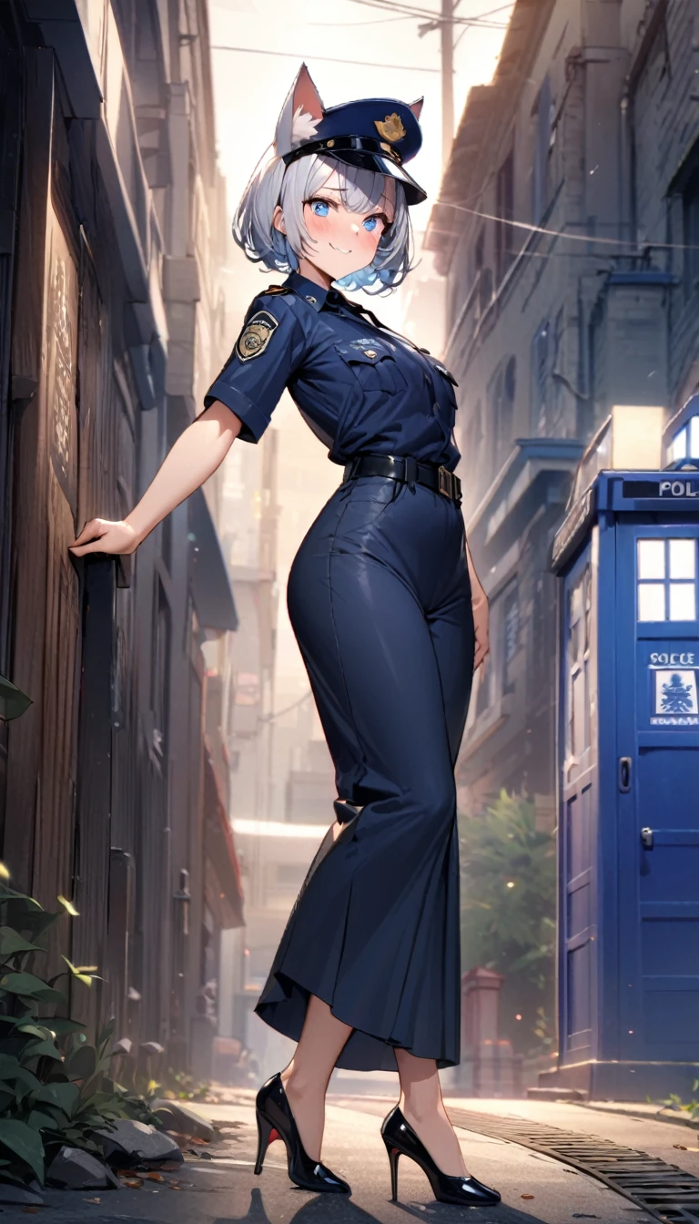 1girl、(((best quality)), ((masterpiece)), (details), masterpiece, best quality, high quality, ulutra detailed, perfect face, ((1girl, Blue eyes, cat ears: 1.3 silver bob hair: 2.5,)) 、Shiny Hair、Glowing Skin、blush、Lustful look、whole body、Police Officer Costume、Police hat、Black stiletto heels、salute、Embarrassed smile、Holding a Japanese sword、police box、Police Station Background、whole body