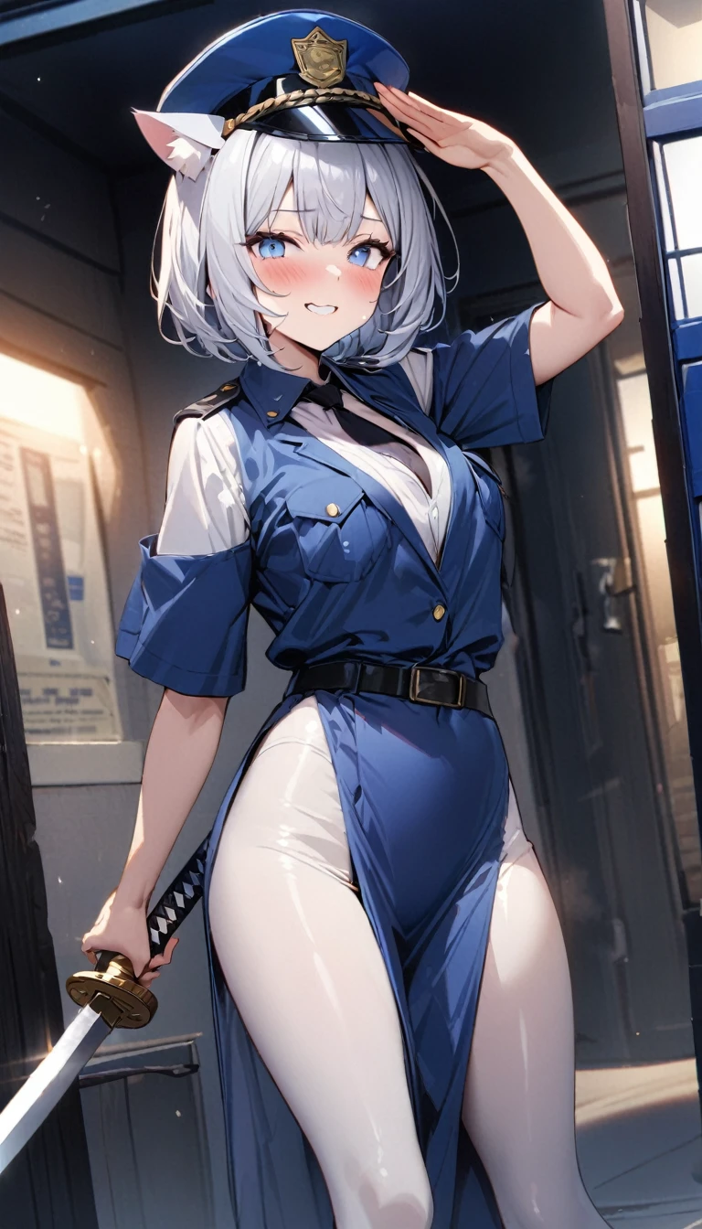 1girl、(((best quality)), ((masterpiece)), (details), masterpiece, best quality, high quality, ulutra detailed, perfect face, ((1girl, Blue eyes, cat ears: 1.3 silver bob hair: 2.5,)) 、Shiny Hair、Glowing Skin、blush、Lustful look、whole body、Police Officer Costume、Police hat、Black stiletto heels、salute、Embarrassed smile、Holding a Japanese sword、police box、Police Station Background、whole body