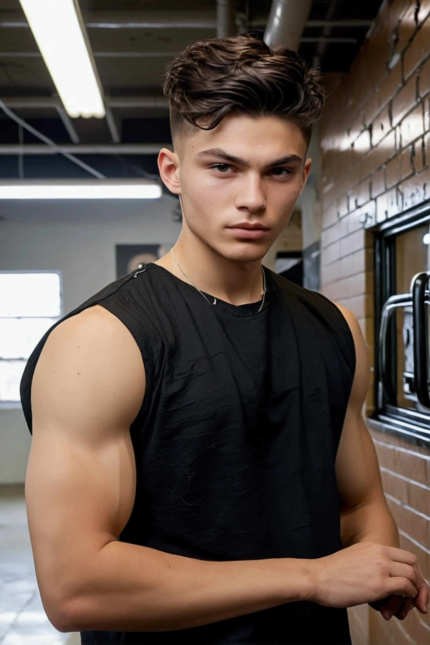 Teenage model, masculine, Caucasian, curly black hair, jelly roll undercut forward haircut, male jaw, perfil