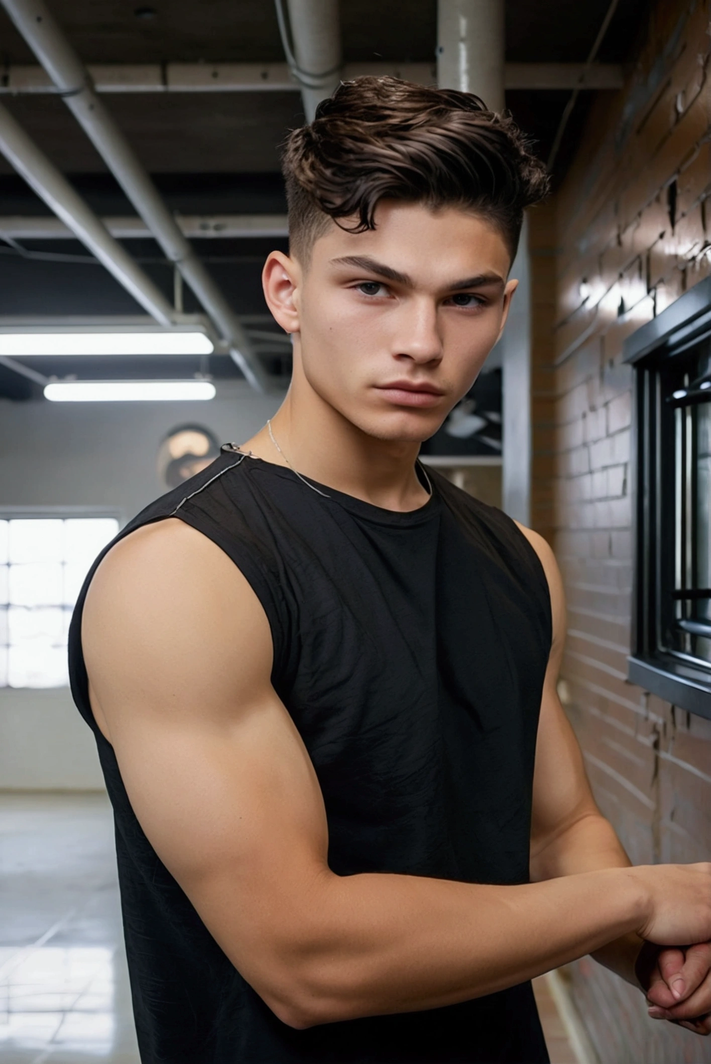 Teenage model, masculine, Caucasian, curly black hair, jelly roll undercut forward haircut, male jaw, perfil