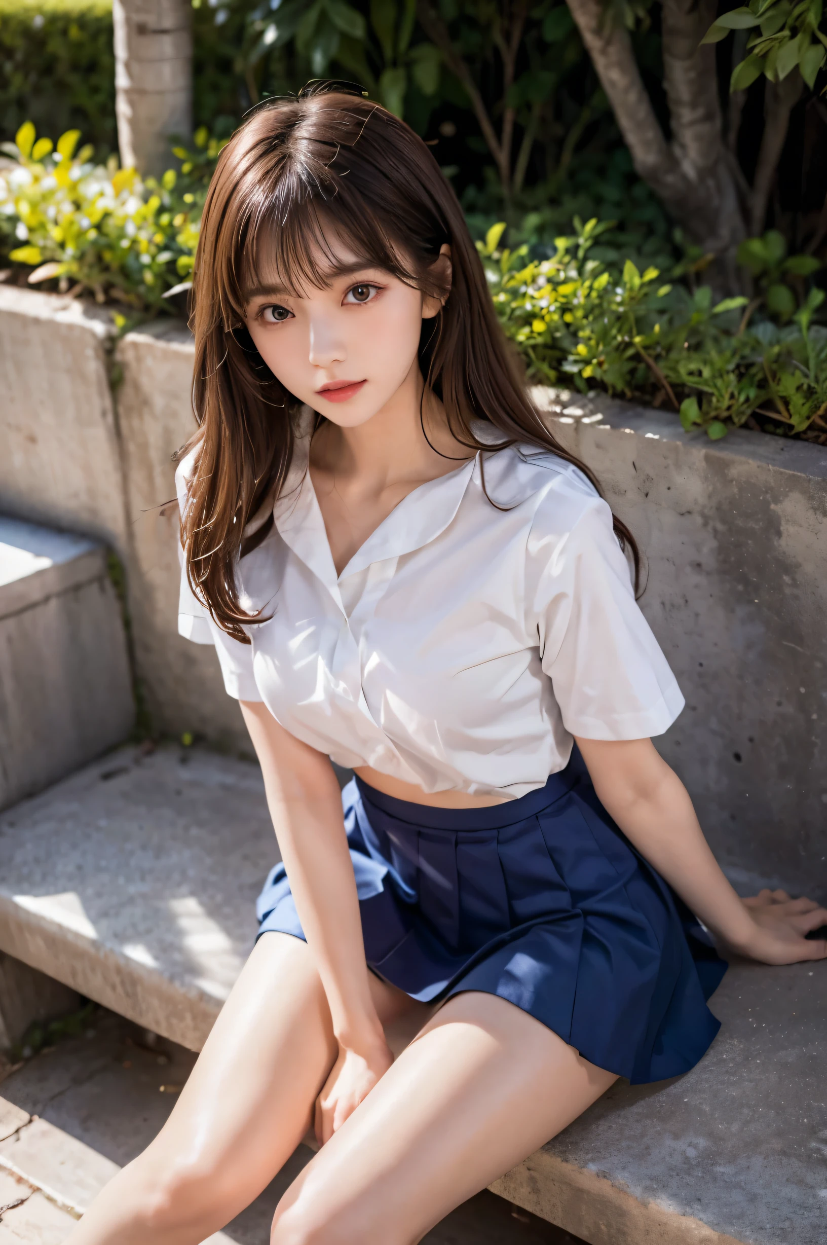 (ultra HD), (White short sleeve shirt, Sailor suit, Navy blue mini skirt, Tight fit), Big Breasts, Slender, whole body, (Clean and shiny skin, Whitening, No makeup), (超Slenderな顔立ち, Super beautiful face, Delicate face), (long hair, Layered Cut, Fluffy hair,light brown), (Patchy double eyelids, Slanted Eyes), Small Nose, Thin lips, Thin legs, Schoolyard