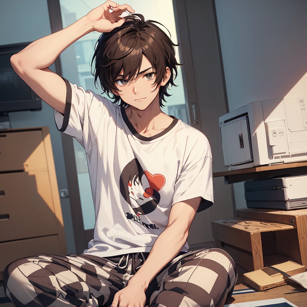 ((best quality)), ((masterpiece)), (detailed), Anime guy with a. Floppy brown fringe wearing a white T-shirt and navy checker pajama pants. 