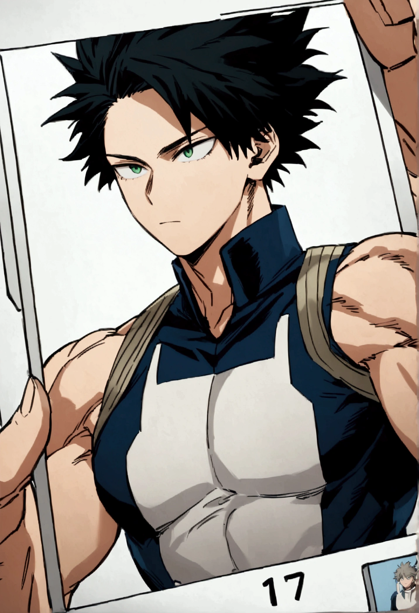 He is a , He has slightly disheveled black hair..., somewhat light green eyes, (looking straight ahead), (identity card photo) , muscular body , He is dressed in the anime uniform. "my hero academia"