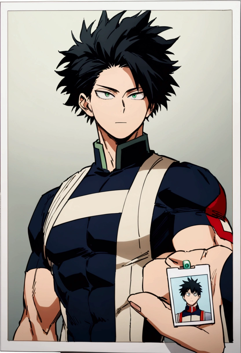 He is a , He has slightly disheveled black hair..., somewhat light green eyes, (looking straight ahead), (identity card photo) , muscular body , He is dressed in the anime uniform. "my hero academia"