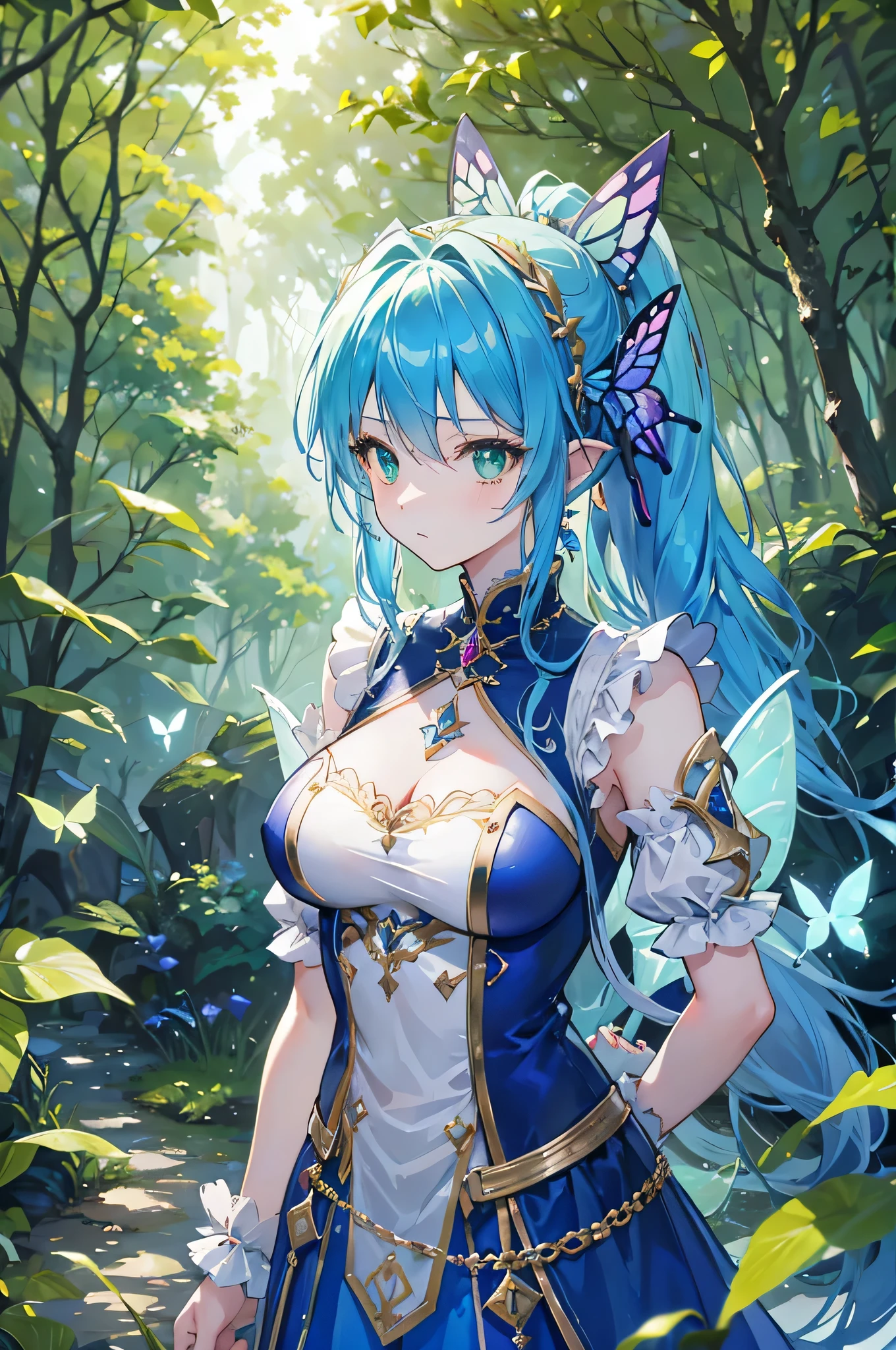 4K,High resolution,One Woman,Fairy,Blue Hair,Long Ponytail,Green Eyes,Big Breasts,butterfly_wings,knight,White knight dress,hair band,Jewelry decoration,Long sword,in the forest