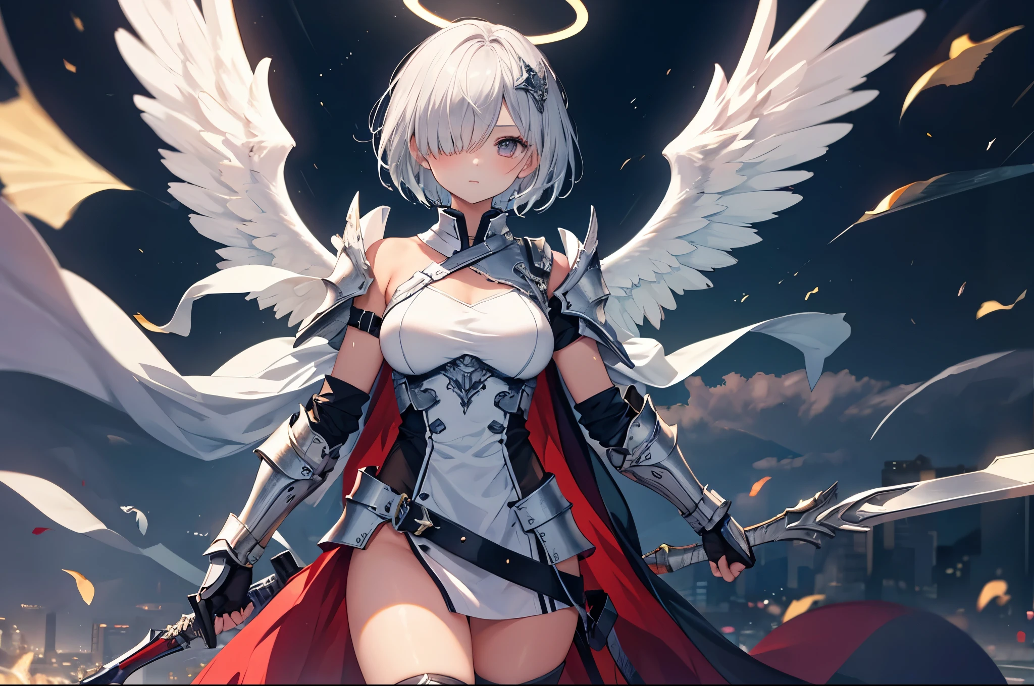 fantasy, 1angel_girl,young_teen, ,silver_hair, short_hair, long_bangs, halo,bare_shoulder,thighhighs,silver_armor, waist_armor, large_breasts,half_eyes,1pair_wings, dynamic_pose_fighting,floating, bare_crotch, headgear,gauntlet, greaves,night_citysky_landscape_background,slightly_spread_legs, solo, groin_naked,tan_skin,hair_over_one_eye,