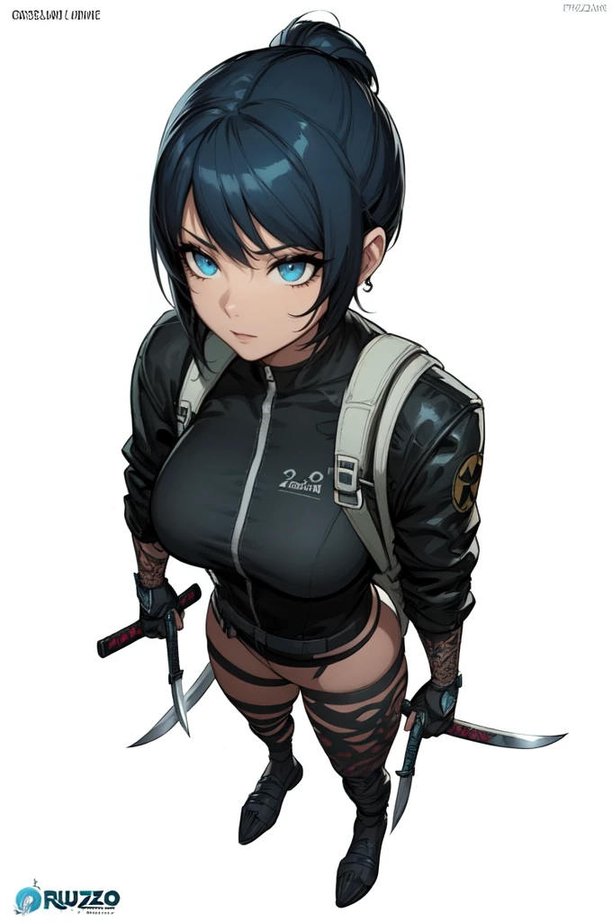 a cartoon drawing of a woman with a knife and a backpack, girl, blue eyes, thicc, cassandra cain, digitally colored, rukis. comic book style, female lead character, an edgy teen assassin, epic comic book style, ( ( character concept art ) ), katana zero video game character, highly detailed exquisite fanart, detailed character art, official character art, character art closeup