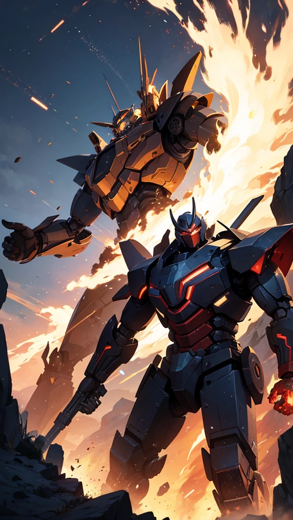 one men , Fighting a giant robot ,destroyed cenario , sparks of fire , epic scenery