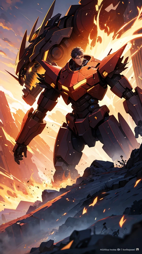 one men , Fighting a giant robot ,destroyed cenario , sparks of fire , epic scenery