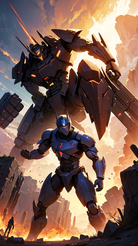 one men , Fighting a giant robot ,destroyed cenario , sparks of fire , epic scenery