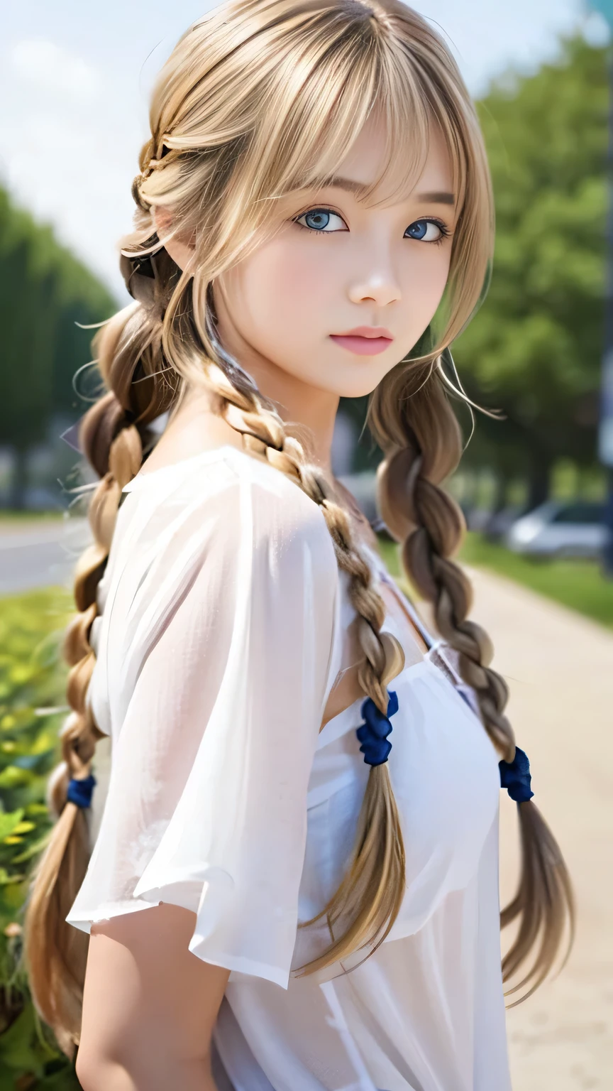 Sexy Big 、Sexy cute looks and cute 15 year old beautiful girl, beautiful and sexy face、A strong wind blows my hair in front of my face、beautiful long blonde French braided hair、beautiful, Cute and sexy eyes hidden behind long bangs