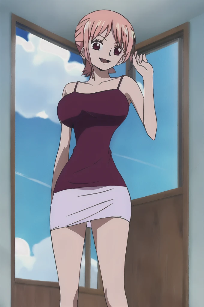 us, 1 girl, standing alone, breastsout, ssmile, 小柄_body hair, big fit ass_breastsout, chemise, just_shoulders, maroon_eyeballs, closed up_gura, clavicle, upper_cos, sky, sleeveless, giorno, nube, Inside the house, _body hair, cerulean_sky, window, sleeveless_chemise, , parógiorno, panzer_main, badass clothing_writing, shoulder_ avo_window