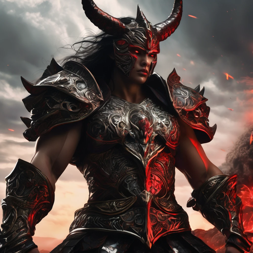 A hyper-realistic scene depicting a powerful warrior in gleaming, intricately detailed armor, gripping a fearsome demoness by the neck with his strong hand. The man is muscular and imposing, with a serene and determined expression on his chiseled face. His armor is adorned with elaborate engravings and reflects his immense strength and heroism. The demoness has a terrifying appearance, with dark, menacing features, sharp claws, and glowing red eyes that exude malice. Her expression is a mixture of fury and defeat as she is held firmly by the warrior. The background features a dark, eerie landscape with ominous clouds swirling in the sky and a hint of fire in the distance, emphasizing the dramatic and intense nature of the confrontation.