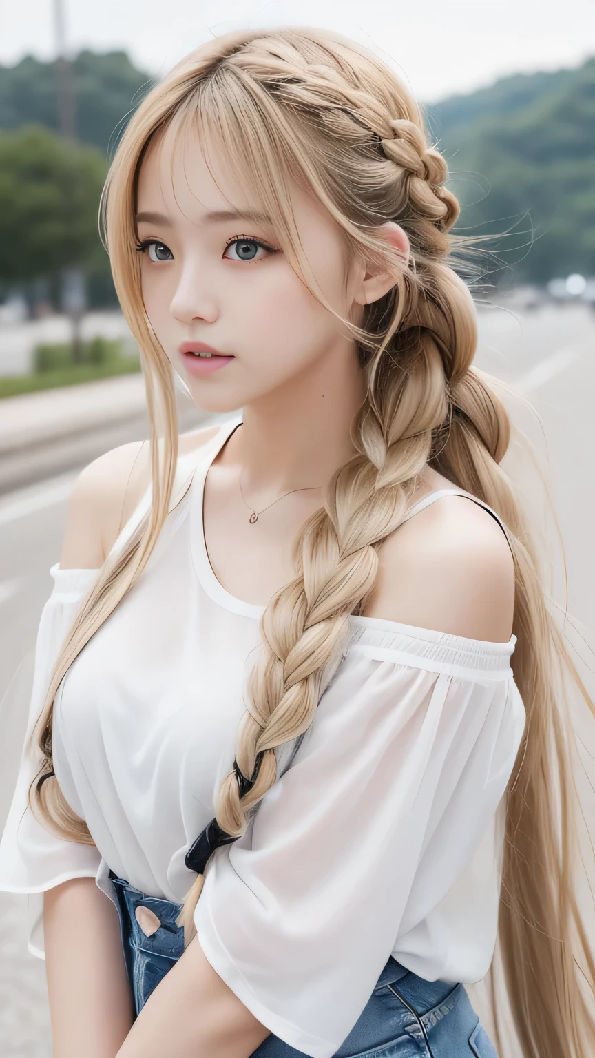 Sexy Big 、Sexy cute looks and cute 15 year old beautiful girl, beautiful and sexy face、A strong wind blows my hair in front of my face、beautiful long blonde French braided hair、beautiful, Cute and sexy eyes hidden behind long bangs