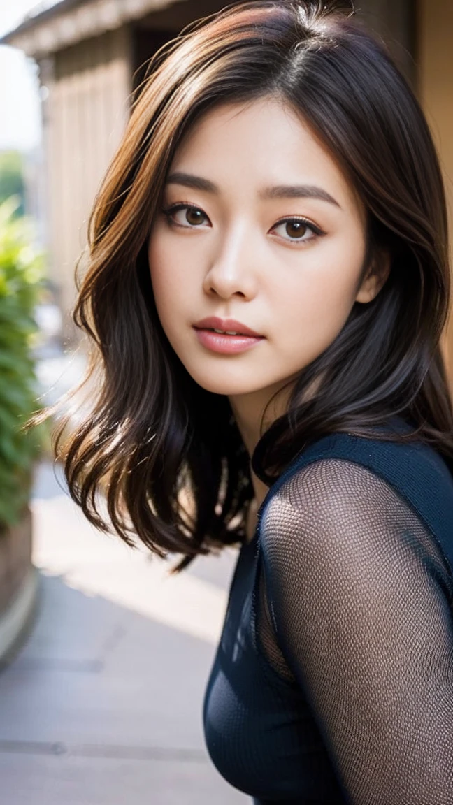dark brown hair、light brown eyes、Japanese actress face、 lady、Iは彼に似ています&;I'Iは40歳くらいです.、(intricate details:1.2)、(highest quality:1.4)、 (ultra high resolution:1.2)、ultra high resolution、(fine eyes)、(detailed facial features)、ticker、8K resolution、D cup size breasts、long hair、singapore terrace restaurant、view of singapore、Sit comfortably on a sofa on the terrace of a cafe with a beautiful view..、relax、lean on the backrest、bright colored clothes、