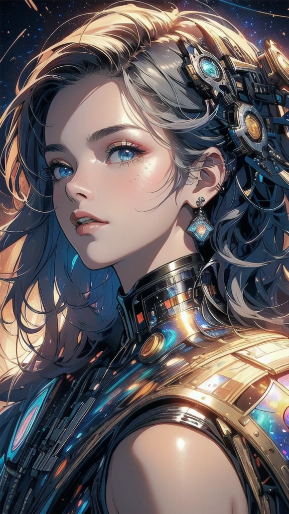 (((masterpiece, highest quality))),(((solo:1.2))),(((1girl:1.2))),(((32k wallpaper))),(very detailed, vintage science fiction),((((((cinematic movie poster)))))),(((((portfolio))))),(((((((Close-up))))))),,((((various angle)))),(((((ultimate highlight))))),((((complete. detailed face)))),(((((Extremely talented))))),(((most complicated machine))),(((text))),(((typography))),(((((best complicated machine))))),(((((genius mechanic))))),(((((gorgeous light leak))))),(((detailed amazing sparkling eyes))),(((hexagon))),(((Overly complicated background:unlimited galaxy))),